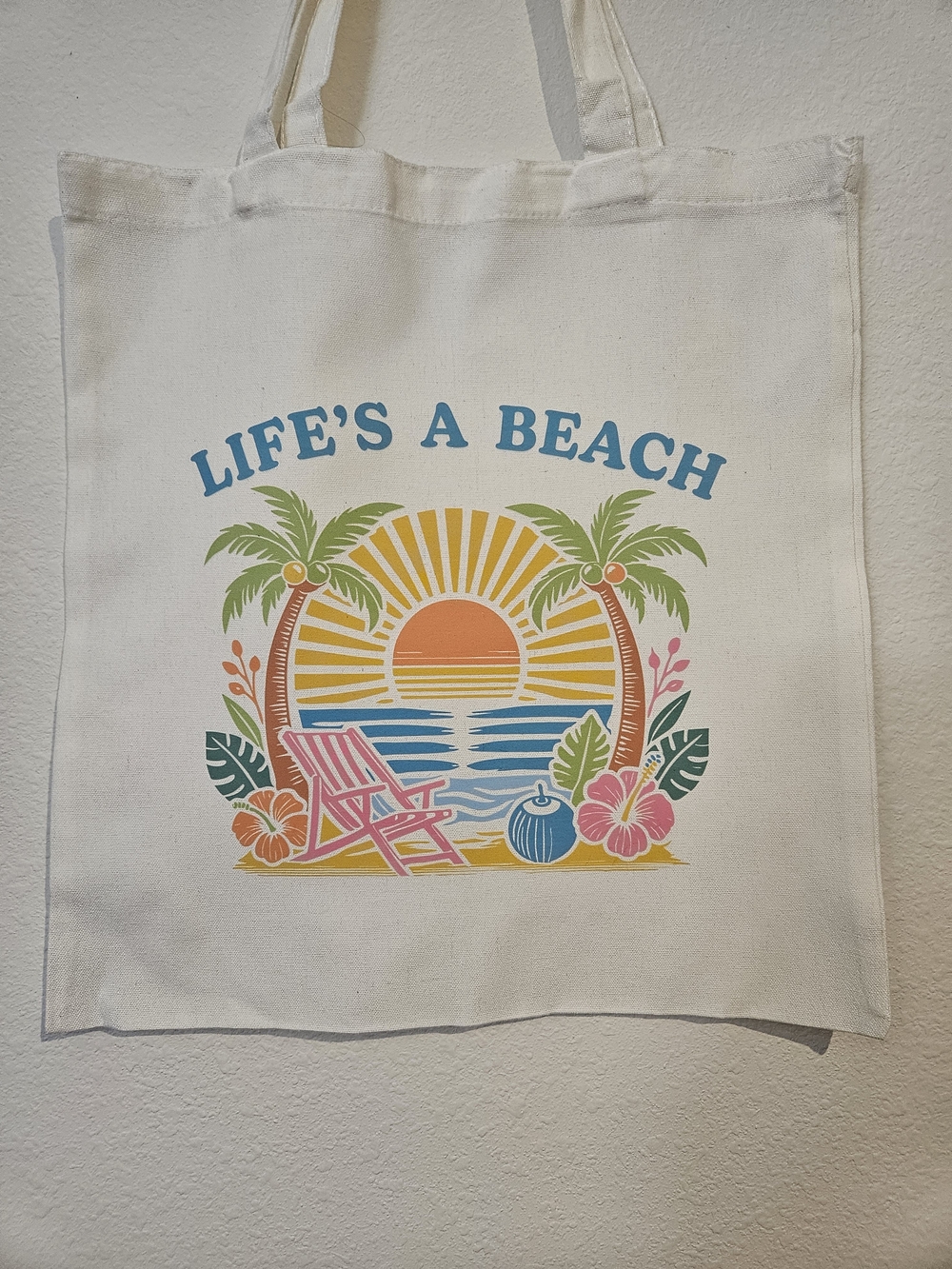 Canvas Tote Bag - "Life's a Beach" Graphic in Cream and Multicolor